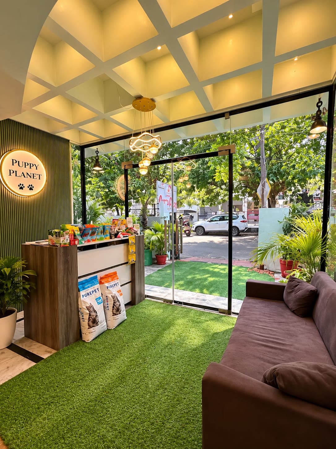 The lobby: a glowing Puppy Planet sign on a green slatted wall, a counter of treats, a sofa and artificial grass